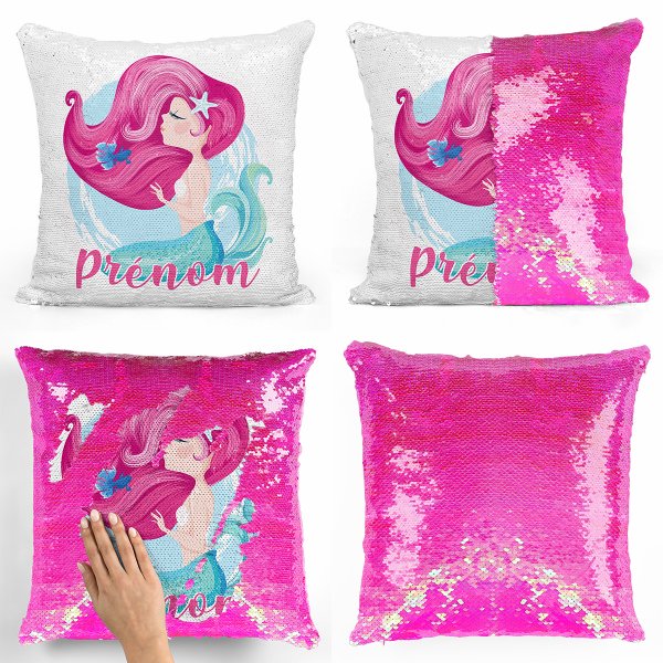 coussin pillow mermaid à sequin magique enfant reversible et personnalisable avec motif sirène de couleur rose nacré