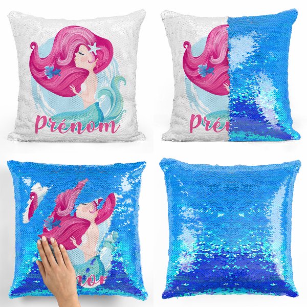 coussin pillow mermaid à sequin magique enfant reversible et personnalisable avec motif sirène de couleur bleu nacré