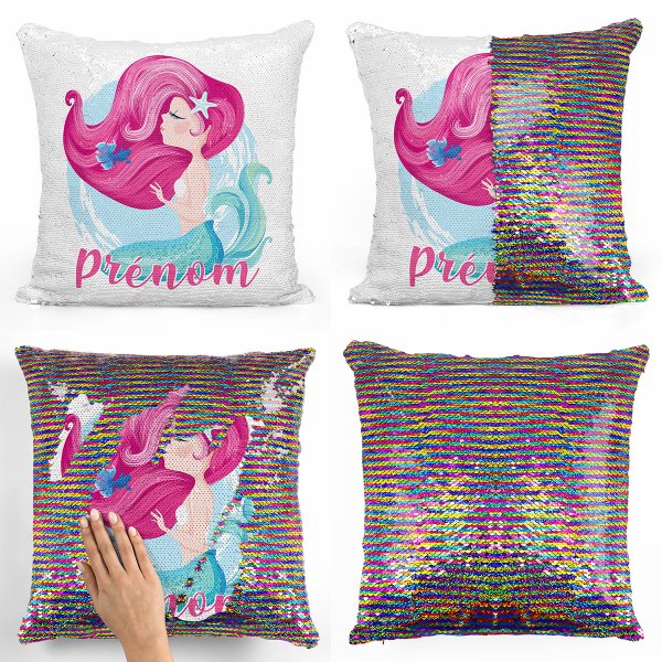 coussin pillow mermaid à sequin magique enfant reversible et personnalisable avec motif sirène de couleur multicolore