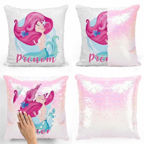 coussin pillow mermaid à sequin magique enfant reversible et personnalisable avec motif sirène de couleur blanc nacré