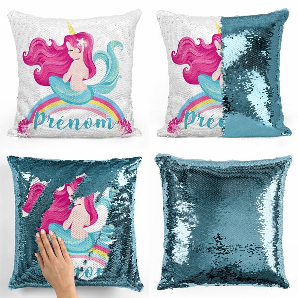coussin pillow mermaid à sequin magique enfant reversible et personnalisable avec motif sirène arc-en-ciel de couleur bleu clair