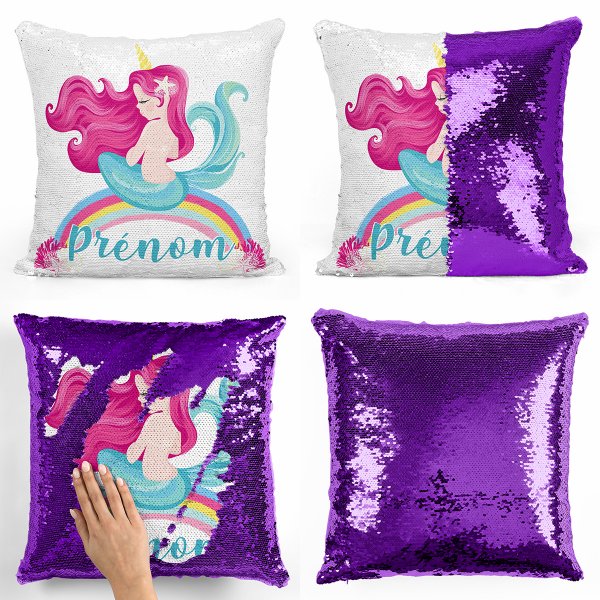 coussin pillow mermaid à sequin magique enfant reversible et personnalisable avec motif sirène arc-en-ciel de couleur violet