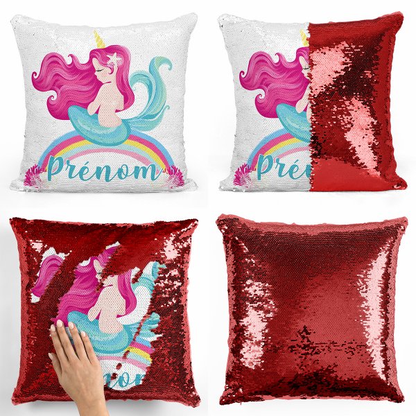 coussin pillow mermaid à sequin magique enfant reversible et personnalisable avec motif sirène arc-en-ciel de couleur rouge
