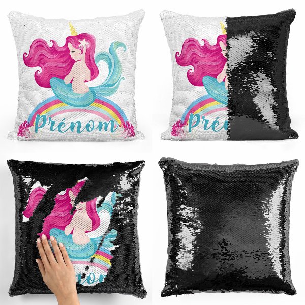coussin pillow mermaid à sequin magique enfant reversible et personnalisable avec motif sirène arc-en-ciel de couleur noir