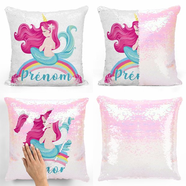 coussin pillow mermaid à sequin magique enfant reversible et personnalisable avec motif sirène arc-en-ciel de couleur blanc nacré