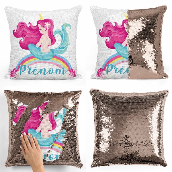 coussin pillow mermaid à sequin magique enfant reversible et personnalisable avec motif sirène arc-en-ciel de couleur champagne