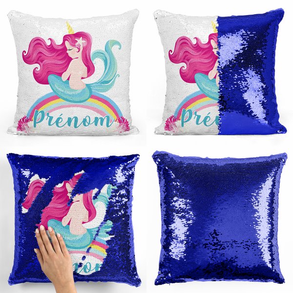 coussin pillow mermaid à sequin magique enfant reversible et personnalisable avec motif sirène arc-en-ciel de couleur bleu foncé