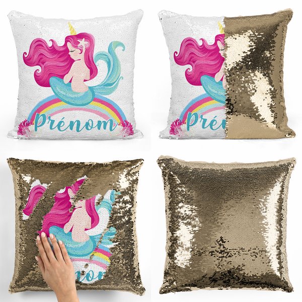 coussin pillow mermaid à sequin magique enfant reversible et personnalisable avec motif sirène arc-en-ciel de couleur or doré