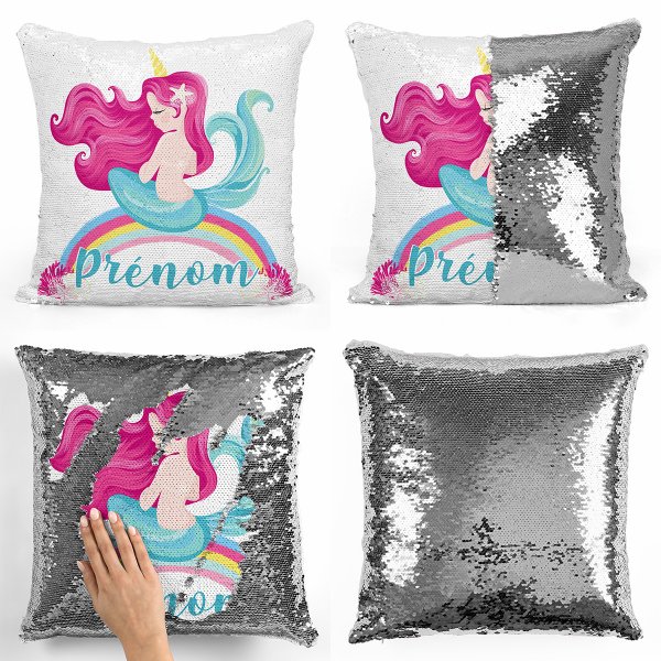 coussin pillow mermaid à sequin magique enfant reversible et personnalisable avec motif sirène arc-en-ciel de couleur argent