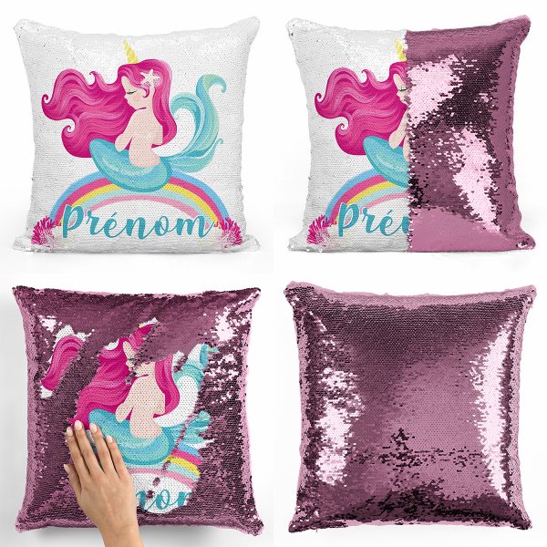 coussin pillow mermaid à sequin magique enfant reversible et personnalisable avec motif sirène arc-en-ciel de couleur rose clair