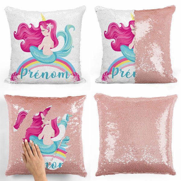 coussin pillow mermaid à sequin magique enfant reversible et personnalisable avec motif sirène arc-en-ciel de couleur saumon