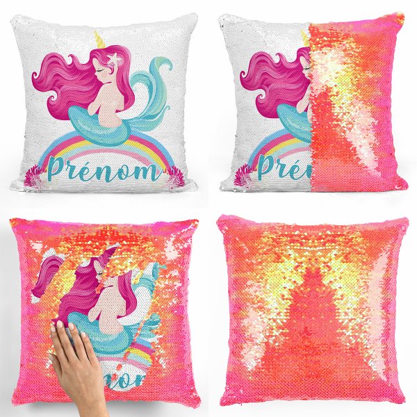 coussin pillow mermaid à sequin magique enfant reversible et personnalisable avec motif sirène arc-en-ciel de couleur orange nacré