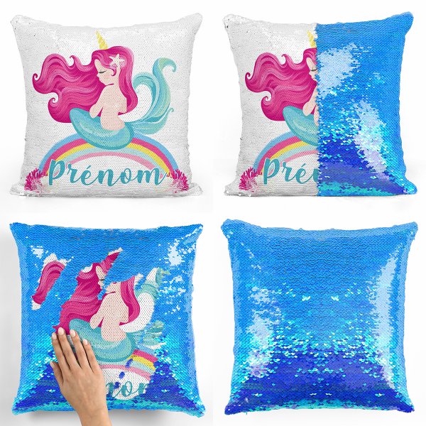 coussin pillow mermaid à sequin magique enfant reversible et personnalisable avec motif sirène arc-en-ciel de couleur bleu nacré