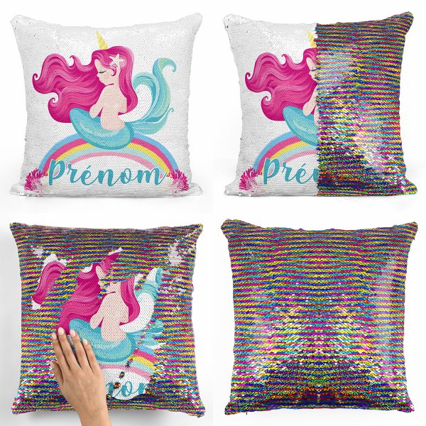 coussin pillow mermaid à sequin magique enfant reversible et personnalisable avec motif sirène arc-en-ciel de couleur multicolore