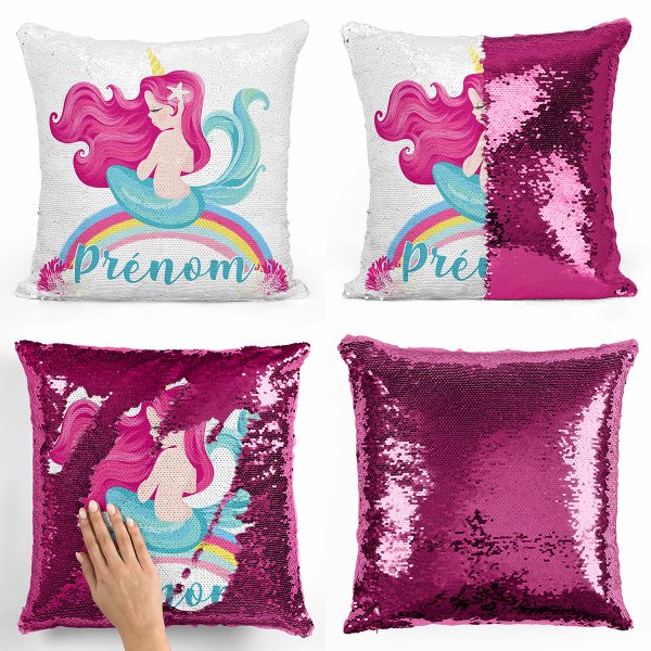 coussin pillow mermaid à sequin magique enfant reversible et personnalisable avec motif sirène arc-en-ciel de couleur fushia