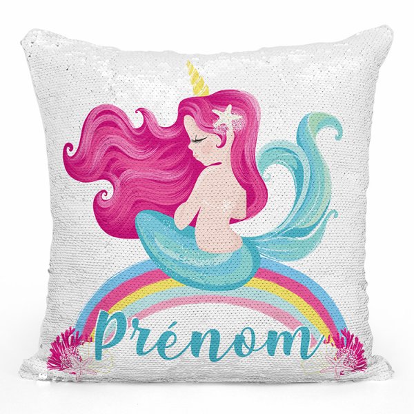 coussin pillow mermaid à sequin magique enfant reversible et personnalisable avec motif sirène arc-en-ciel