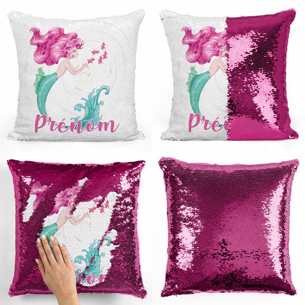 coussin pillow mermaid à sequin magique enfant reversible et personnalisable avec motif sirène de couleur fushia