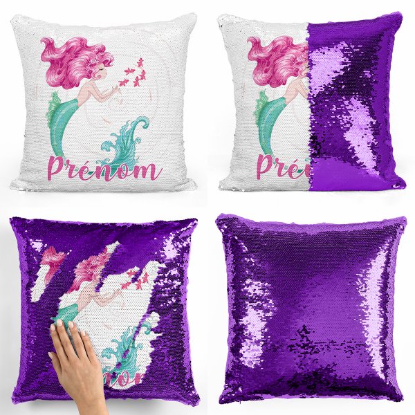 coussin pillow mermaid à sequin magique enfant reversible et personnalisable avec motif sirène de couleur violet