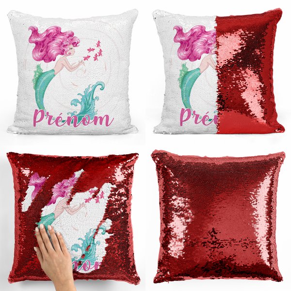 coussin pillow mermaid à sequin magique enfant reversible et personnalisable avec motif sirène de couleur rouge