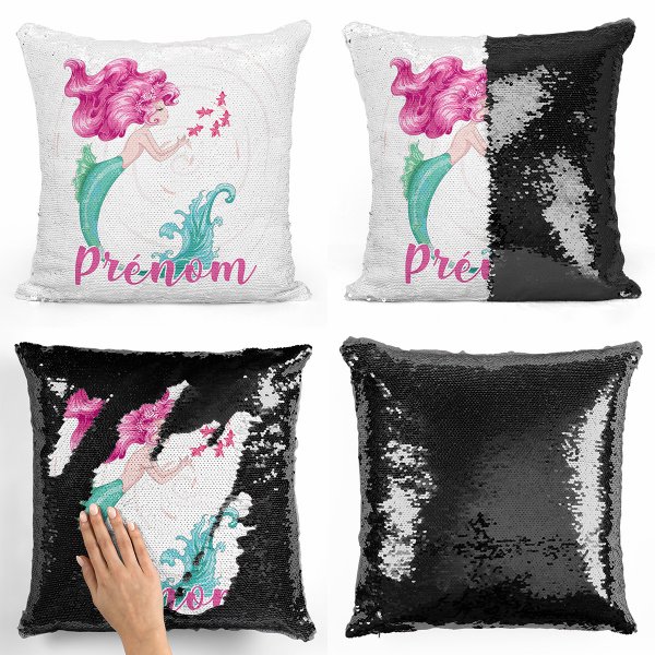 coussin pillow mermaid à sequin magique enfant reversible et personnalisable avec motif sirène de couleur noir