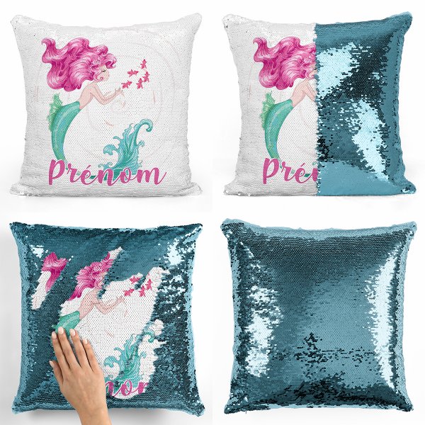 coussin pillow mermaid à sequin magique enfant reversible et personnalisable avec motif sirène de couleur bleu clair