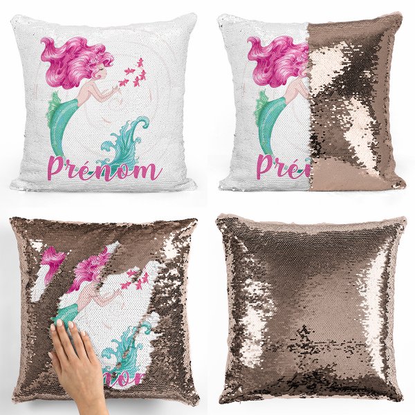 coussin pillow mermaid à sequin magique enfant reversible et personnalisable avec motif sirène de couleur champagne