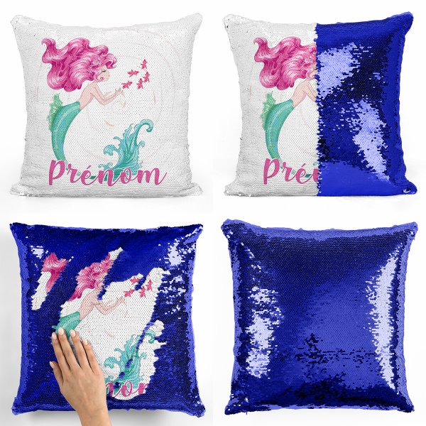 coussin pillow mermaid à sequin magique enfant reversible et personnalisable avec motif sirène de couleur bleu foncé