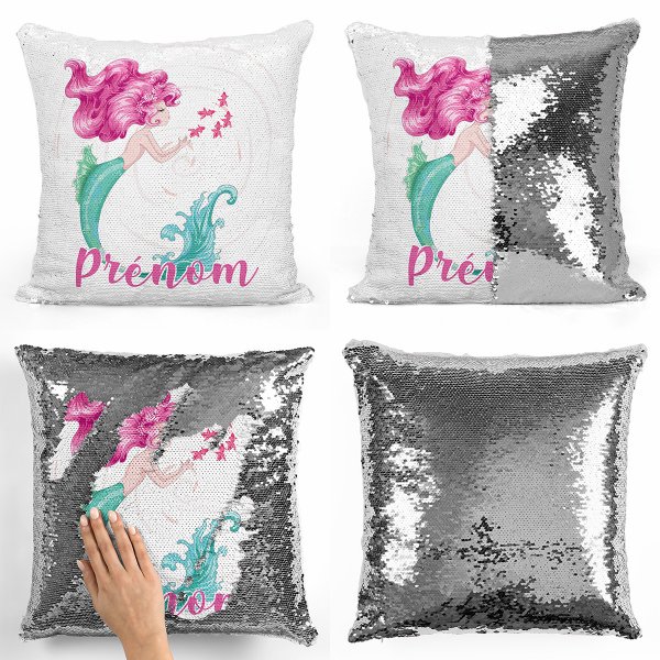 coussin pillow mermaid à sequin magique enfant reversible et personnalisable avec motif sirène de couleur argent