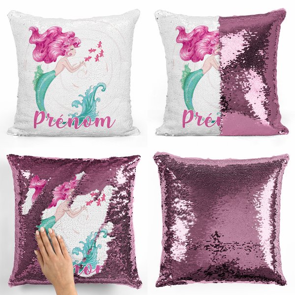 coussin pillow mermaid à sequin magique enfant reversible et personnalisable avec motif sirène de couleur rose clair