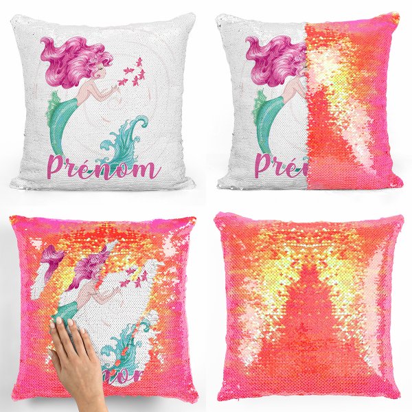 coussin pillow mermaid à sequin magique enfant reversible et personnalisable avec motif sirène de couleur orange nacré