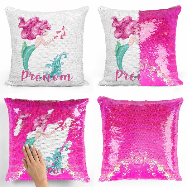 coussin pillow mermaid à sequin magique enfant reversible et personnalisable avec motif sirène de couleur rose nacré