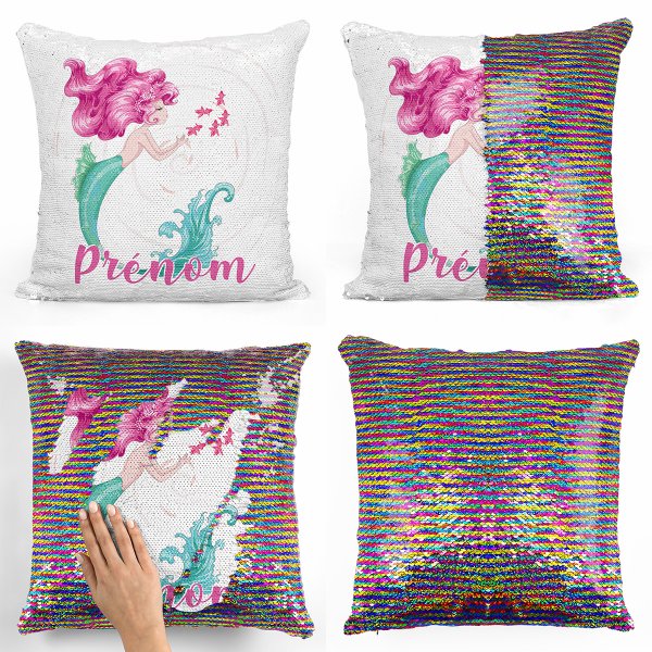 coussin pillow mermaid à sequin magique enfant reversible et personnalisable avec motif sirène de couleur multicolore