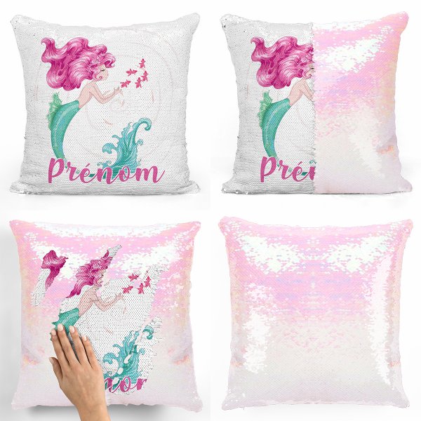 coussin pillow mermaid à sequin magique enfant reversible et personnalisable avec motif sirène de couleur blanc nacré