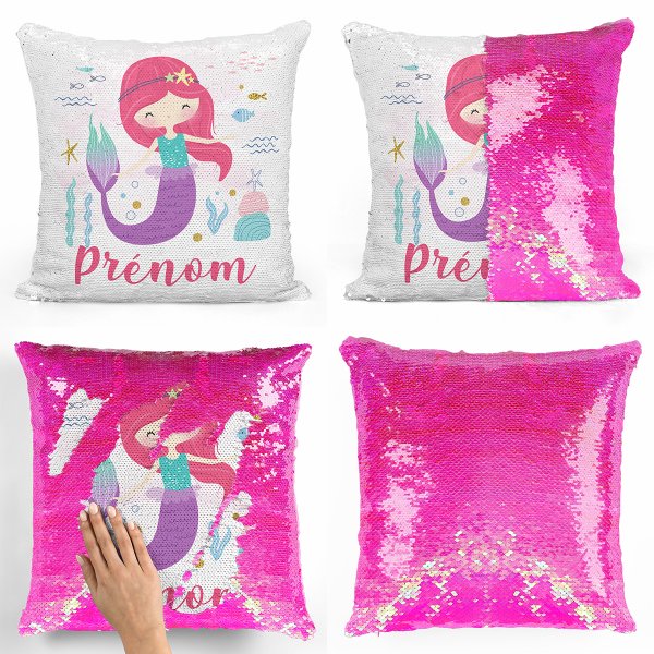 coussin pillow mermaid à sequin magique enfant reversible et personnalisable avec motif sirène océan de couleur rose nacré