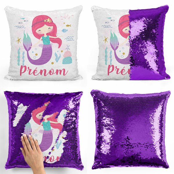 coussin pillow mermaid à sequin magique enfant reversible et personnalisable avec motif sirène océan de couleur violet