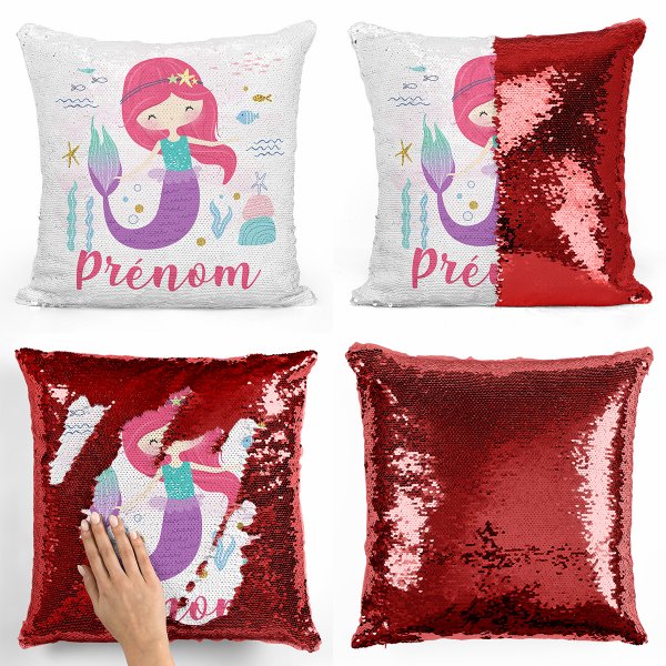 coussin pillow mermaid à sequin magique enfant reversible et personnalisable avec motif sirène océan de couleur rouge