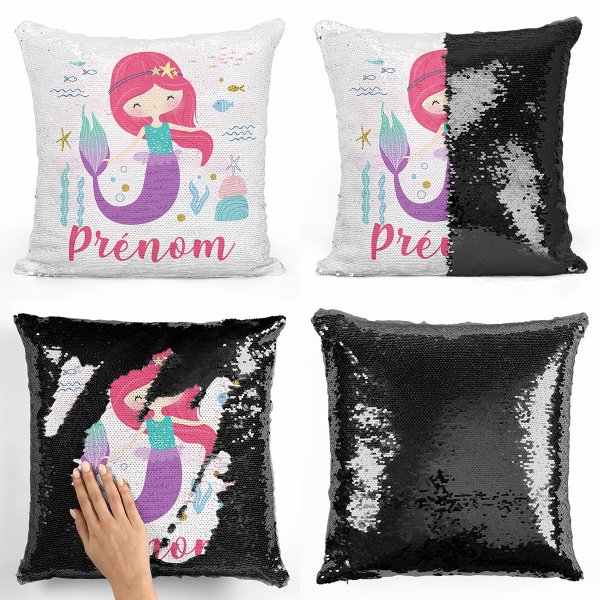 coussin pillow mermaid à sequin magique enfant reversible et personnalisable avec motif sirène océan de couleur noir