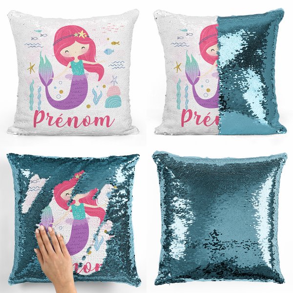 coussin pillow mermaid à sequin magique enfant reversible et personnalisable avec motif sirène océan de couleur bleu clair