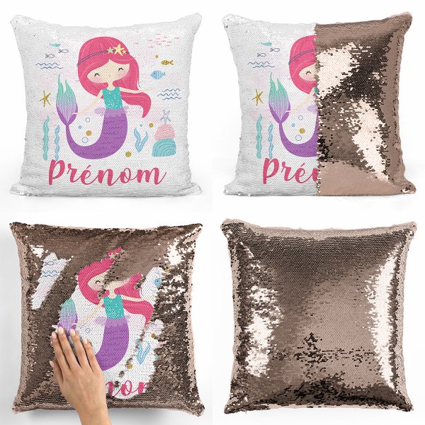 coussin pillow mermaid à sequin magique enfant reversible et personnalisable avec motif sirène océan de couleur champagne