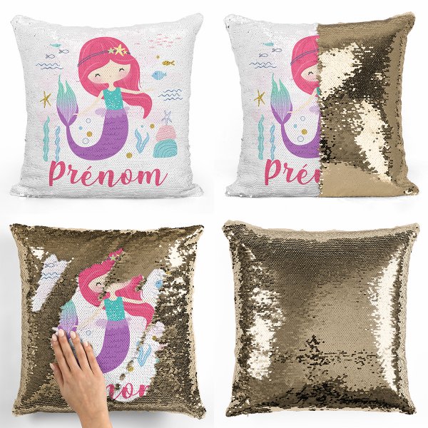 coussin pillow mermaid à sequin magique enfant reversible et personnalisable avec motif sirène océan de couleur or doré