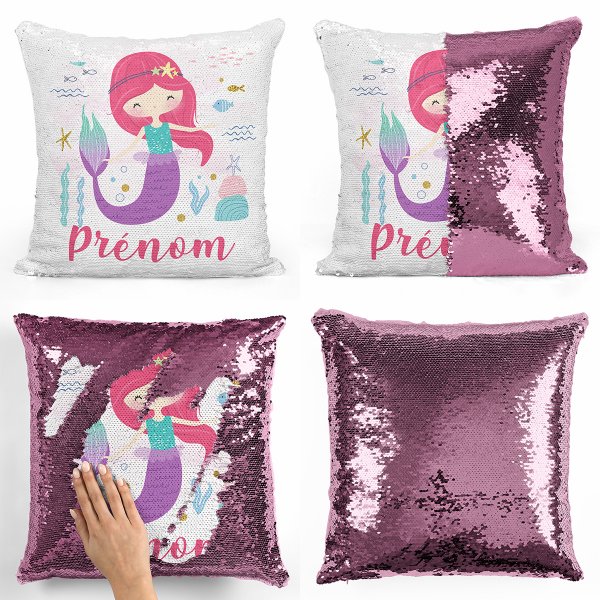 coussin pillow mermaid à sequin magique enfant reversible et personnalisable avec motif sirène océan de couleur rose clair