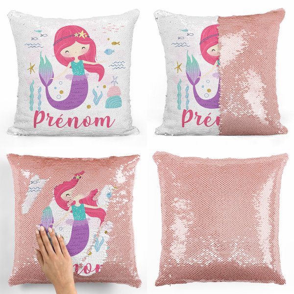 coussin pillow mermaid à sequin magique enfant reversible et personnalisable avec motif sirène océan de couleur saumon