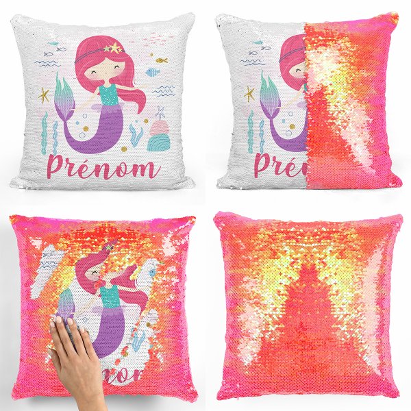 coussin pillow mermaid à sequin magique enfant reversible et personnalisable avec motif sirène océan de couleur orange nacré