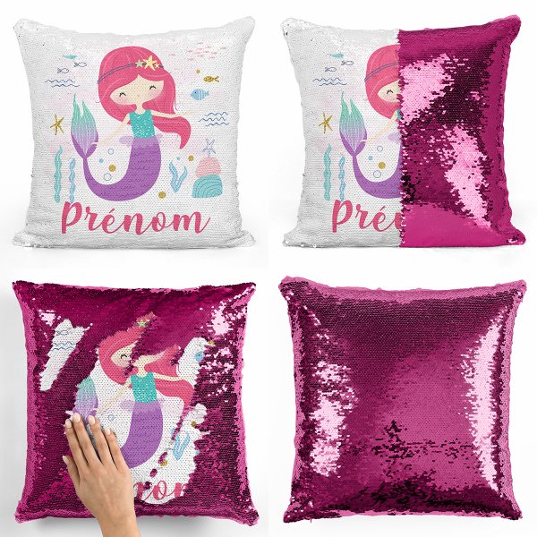 coussin pillow mermaid à sequin magique enfant reversible et personnalisable avec motif sirène océan de couleur fushia