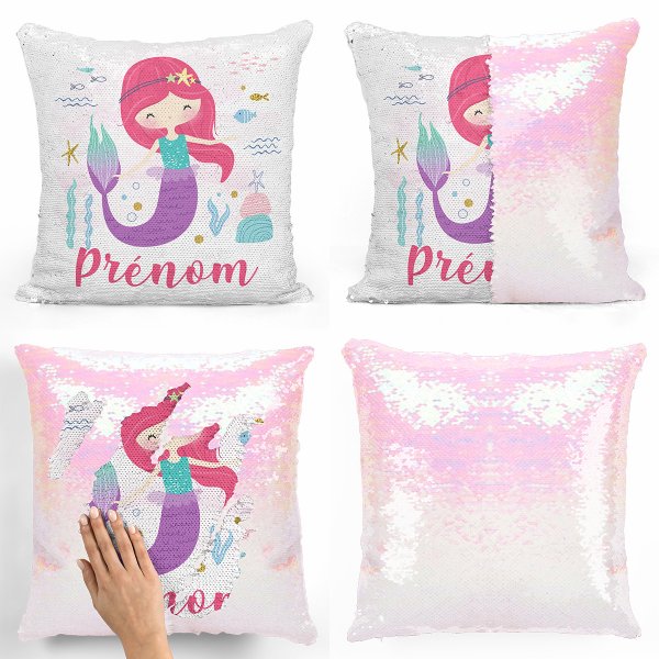 coussin pillow mermaid à sequin magique enfant reversible et personnalisable avec motif sirène océan de couleur blanc nacré