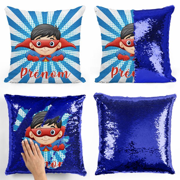 coussin pillow mermaid à sequin magique enfant reversible et personnalisable avec motif super-héros de couleur bleu foncé