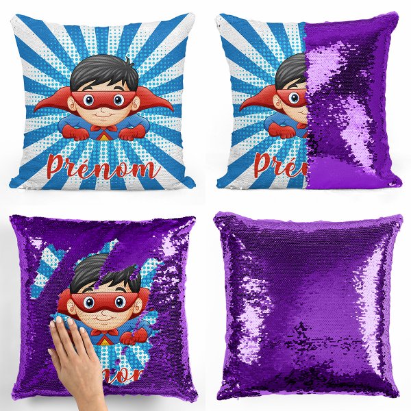 coussin pillow mermaid à sequin magique enfant reversible et personnalisable avec motif super-héros de couleur violet