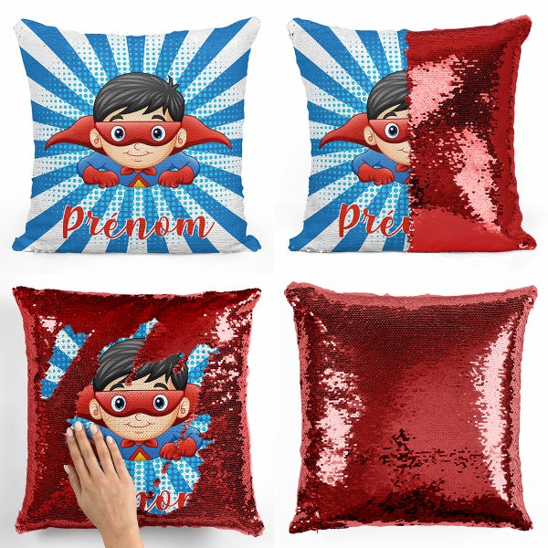 coussin pillow mermaid à sequin magique enfant reversible et personnalisable avec motif super-héros de couleur rouge