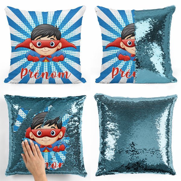 coussin pillow mermaid à sequin magique enfant reversible et personnalisable avec motif super-héros de couleur bleu clair