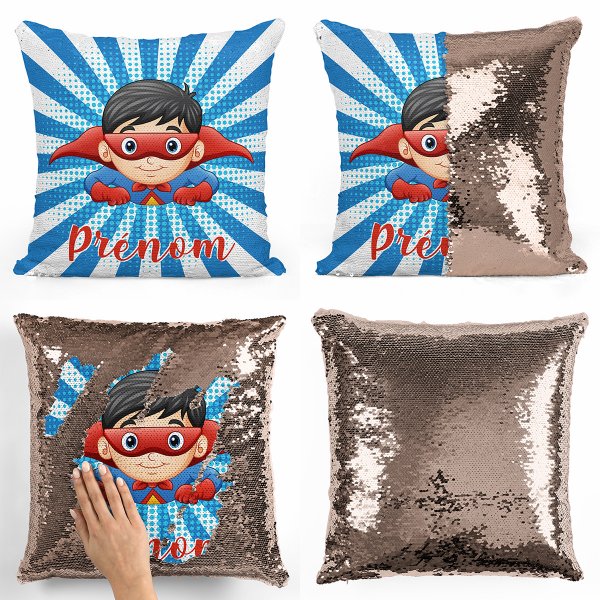 coussin pillow mermaid à sequin magique enfant reversible et personnalisable avec motif super-héros de couleur champagne